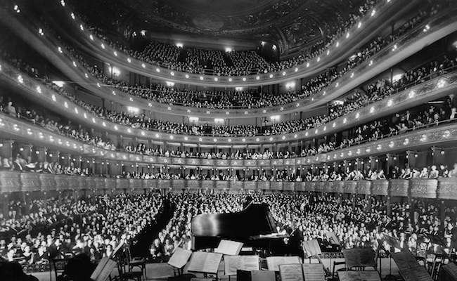 A full house, seen from the rear of the stage, at the Metropolitan Opera House for a concert by pianist Josef Hofmann, November 28, 1937