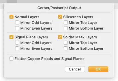 Osmond window showing Gerber output settings